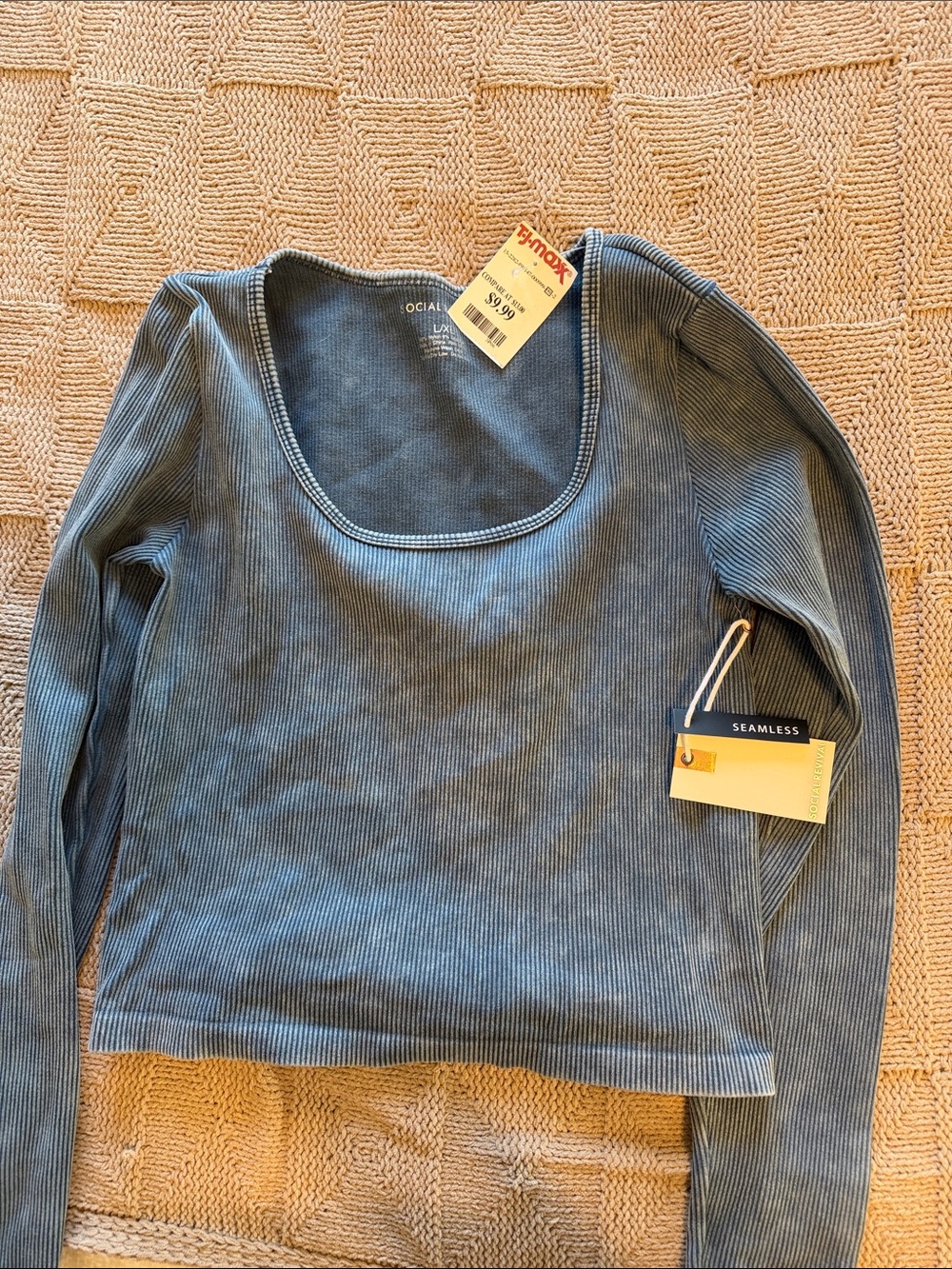 Socialite Seamless Ribbed Scoop Neck Long Sleeve Top - Slate Blue